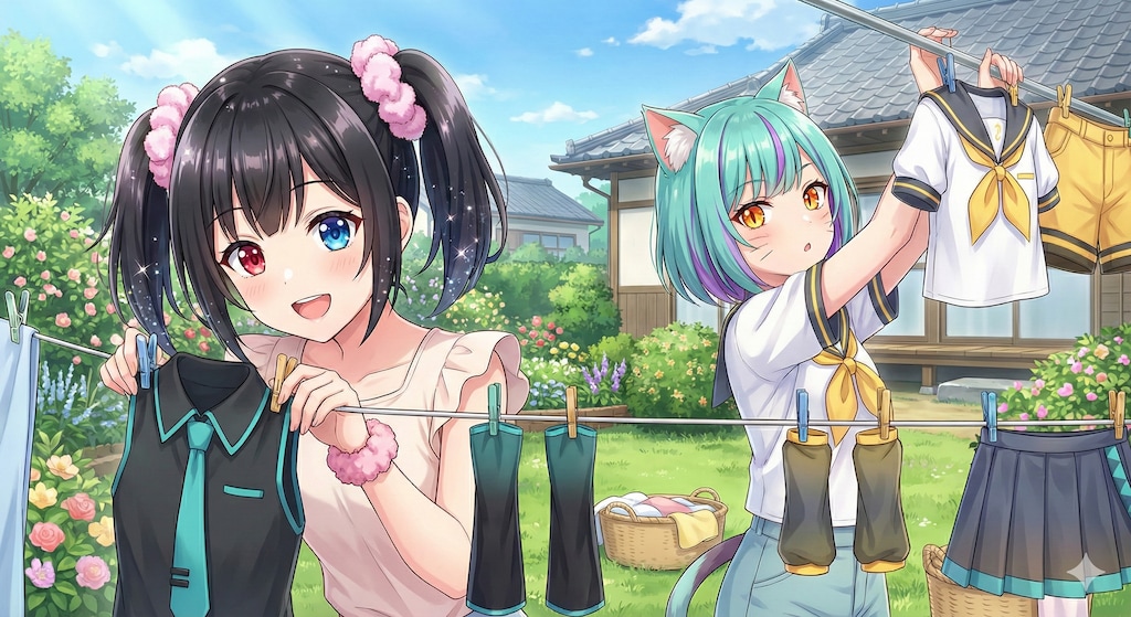 アケちゃん ミケちゃん　お洗濯🧦