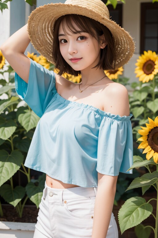 ひまわり，麦わら帽子