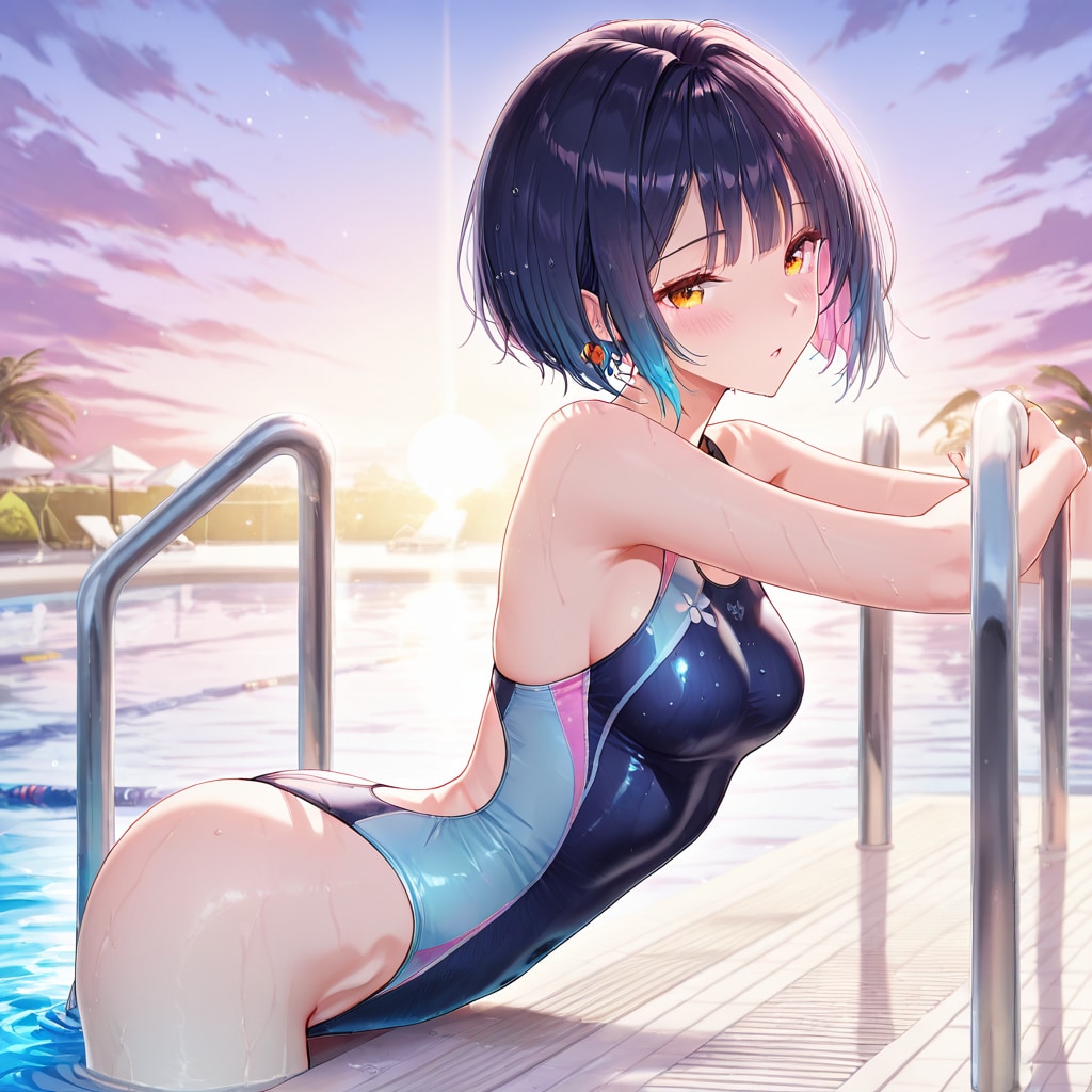 夕暮れの君とプールで