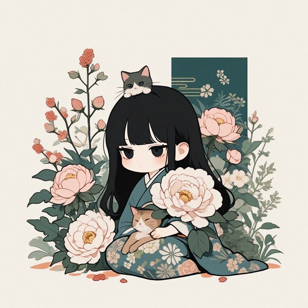 牡丹と猫と少女 | の人気AIイラスト・グラビア