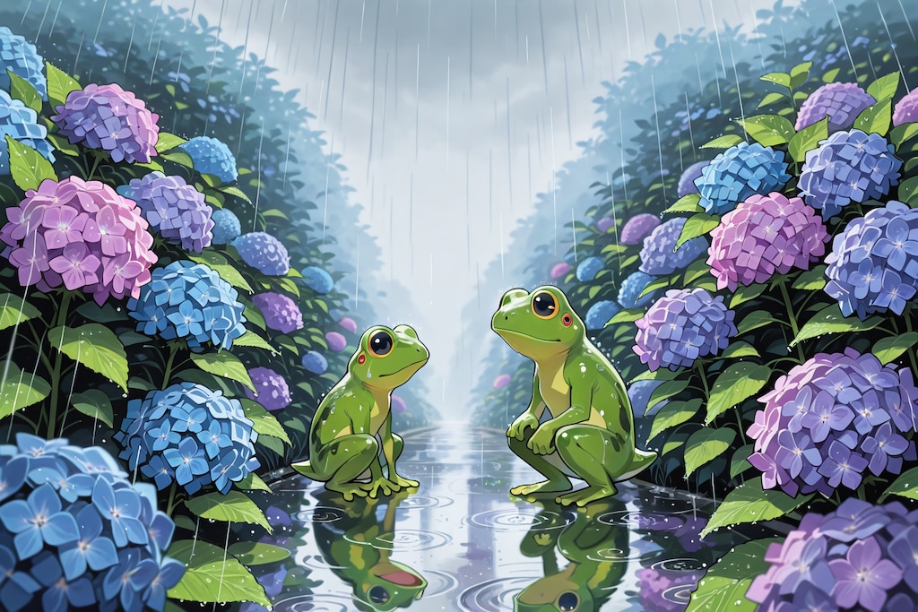 紫陽花、雨上がり、雨蛙