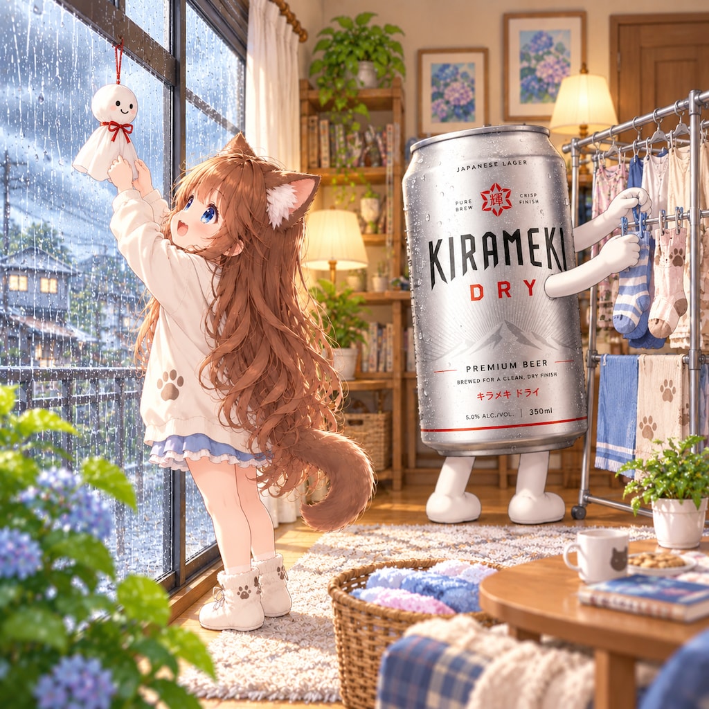 てるてる坊主を吊るす小さな女の子
