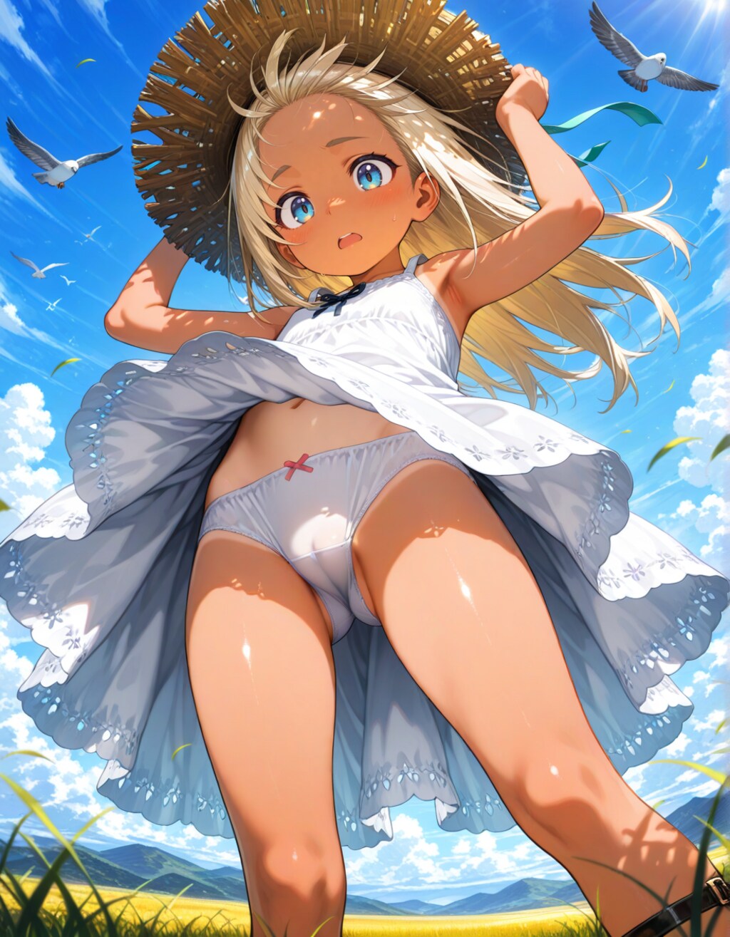 晴れと鳩と日焼け少女