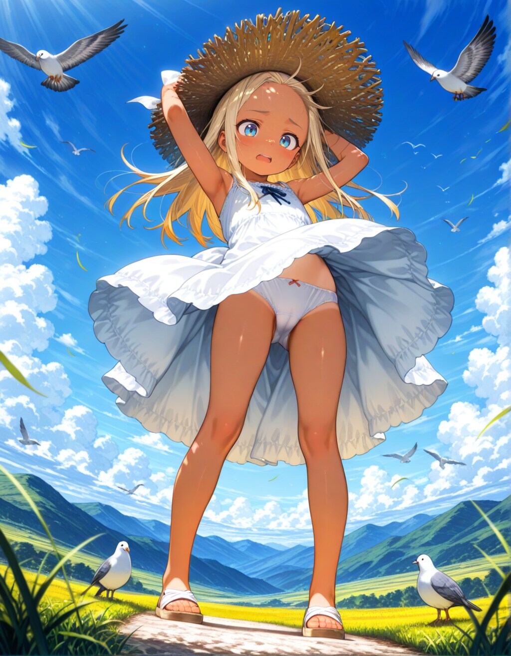 晴れと鳩と日焼け少女