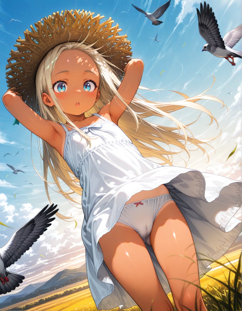 晴れと鳩と日焼け少女