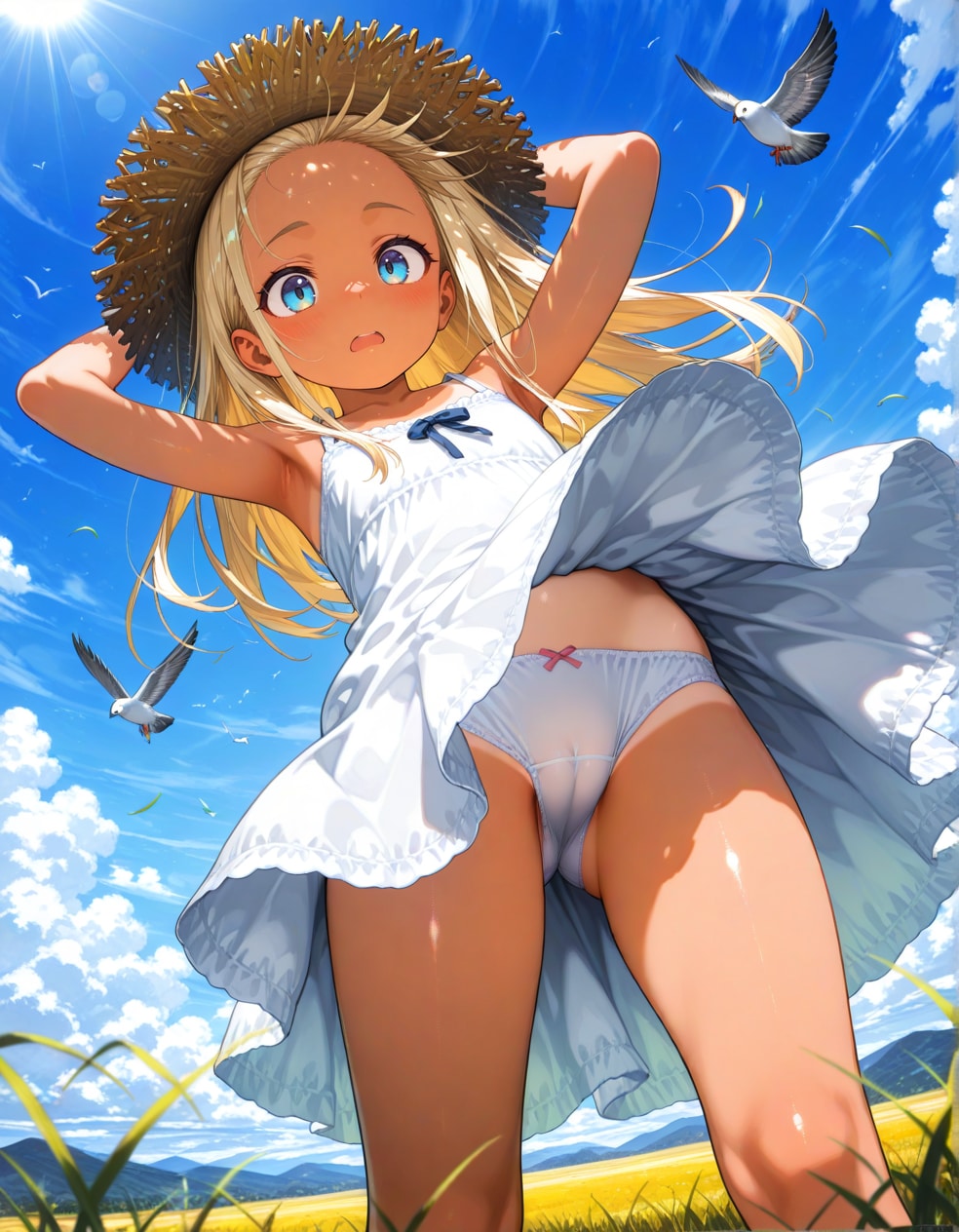 晴れと鳩と日焼け少女