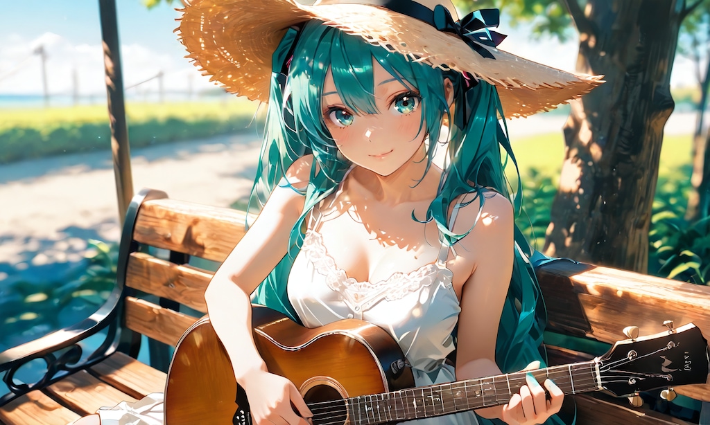 初音ミク、木漏れ日の公園であなたに一曲だけの弾き語り