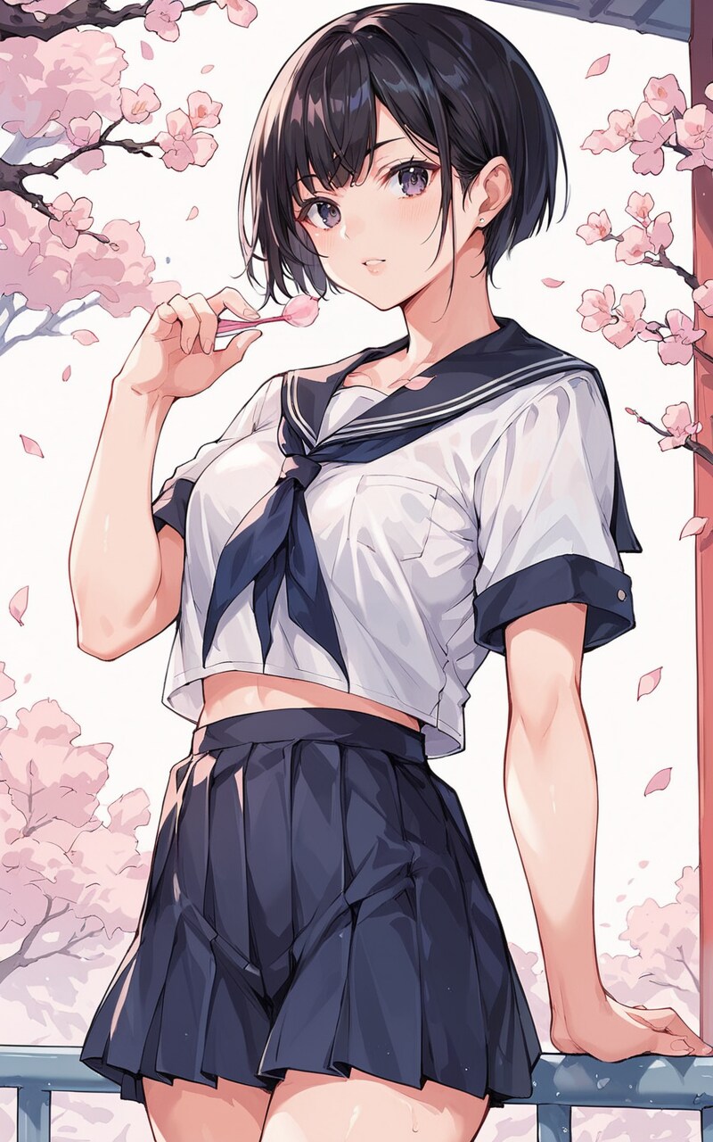 桜と黒髪女子校生