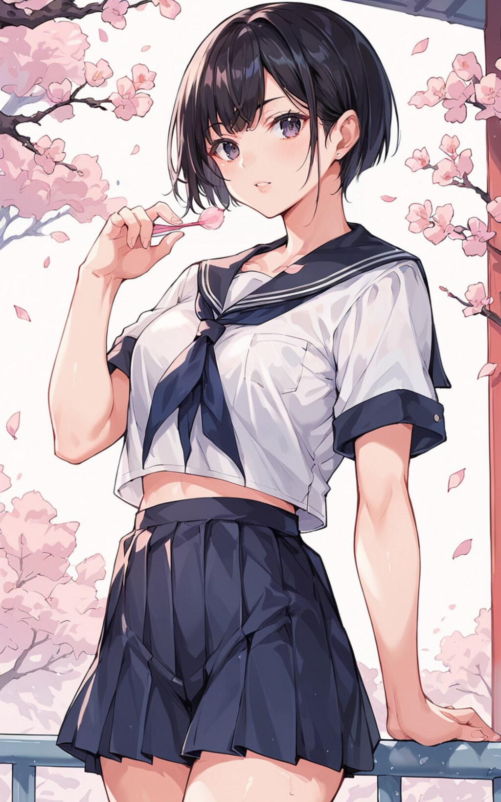 桜と黒髪女子校生
