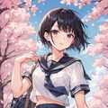 桜と黒髪女子校生 2枚目
