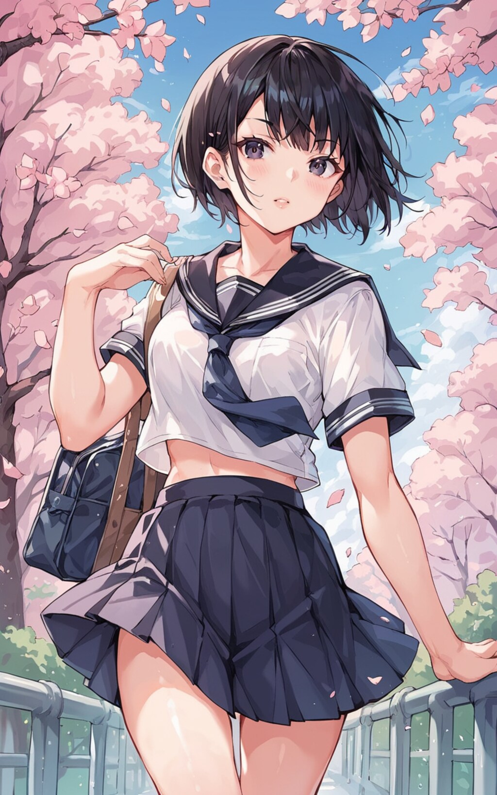 桜と黒髪女子校生
