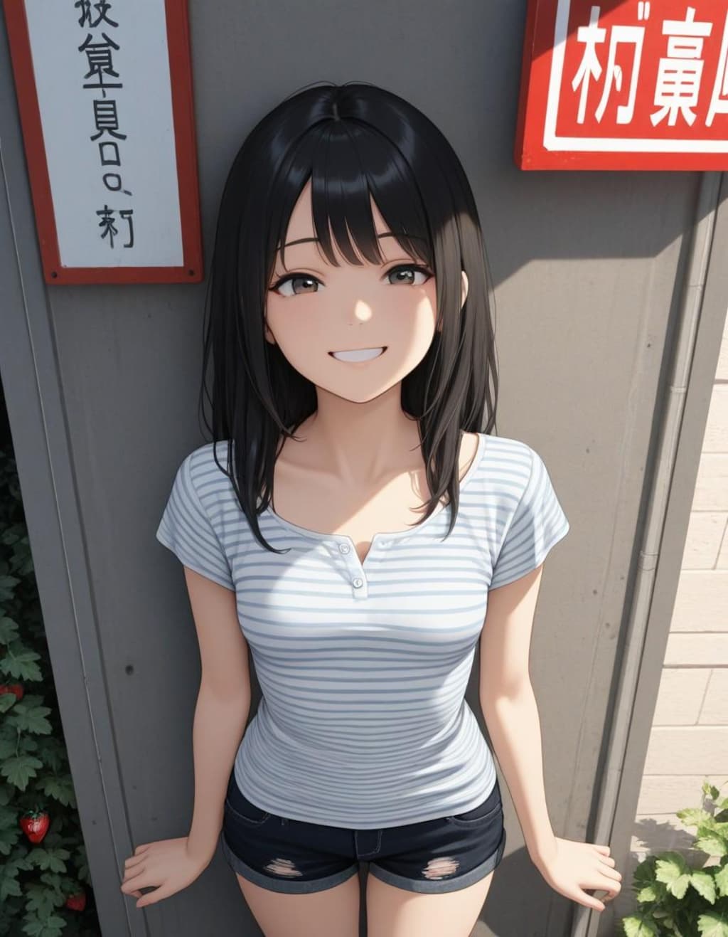 お店の壁を背景に