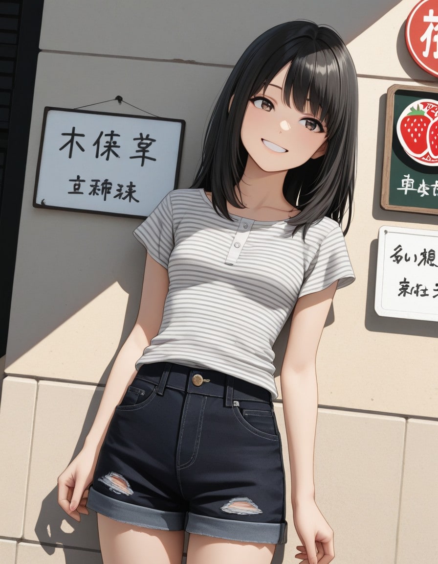 お店の壁を背景に
