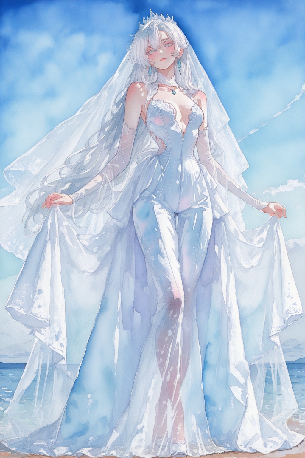 耳が尖っていない銀髪の花嫁のドレス姿