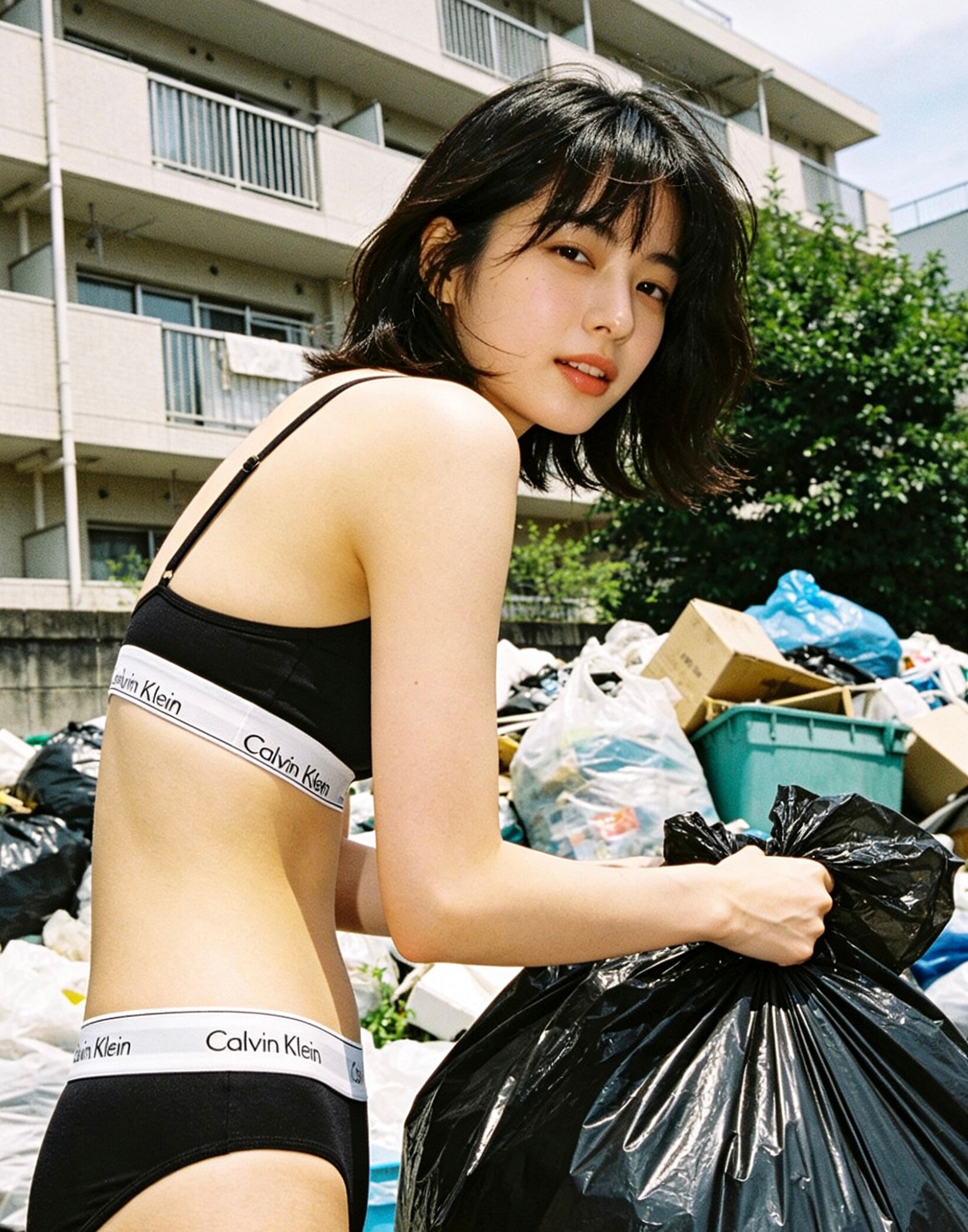 朝ゴミを出してた下着姿のお姉さん