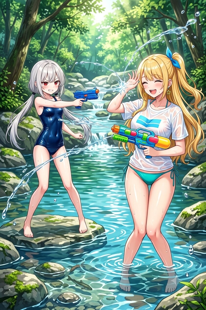 川遊びする天原姉妹