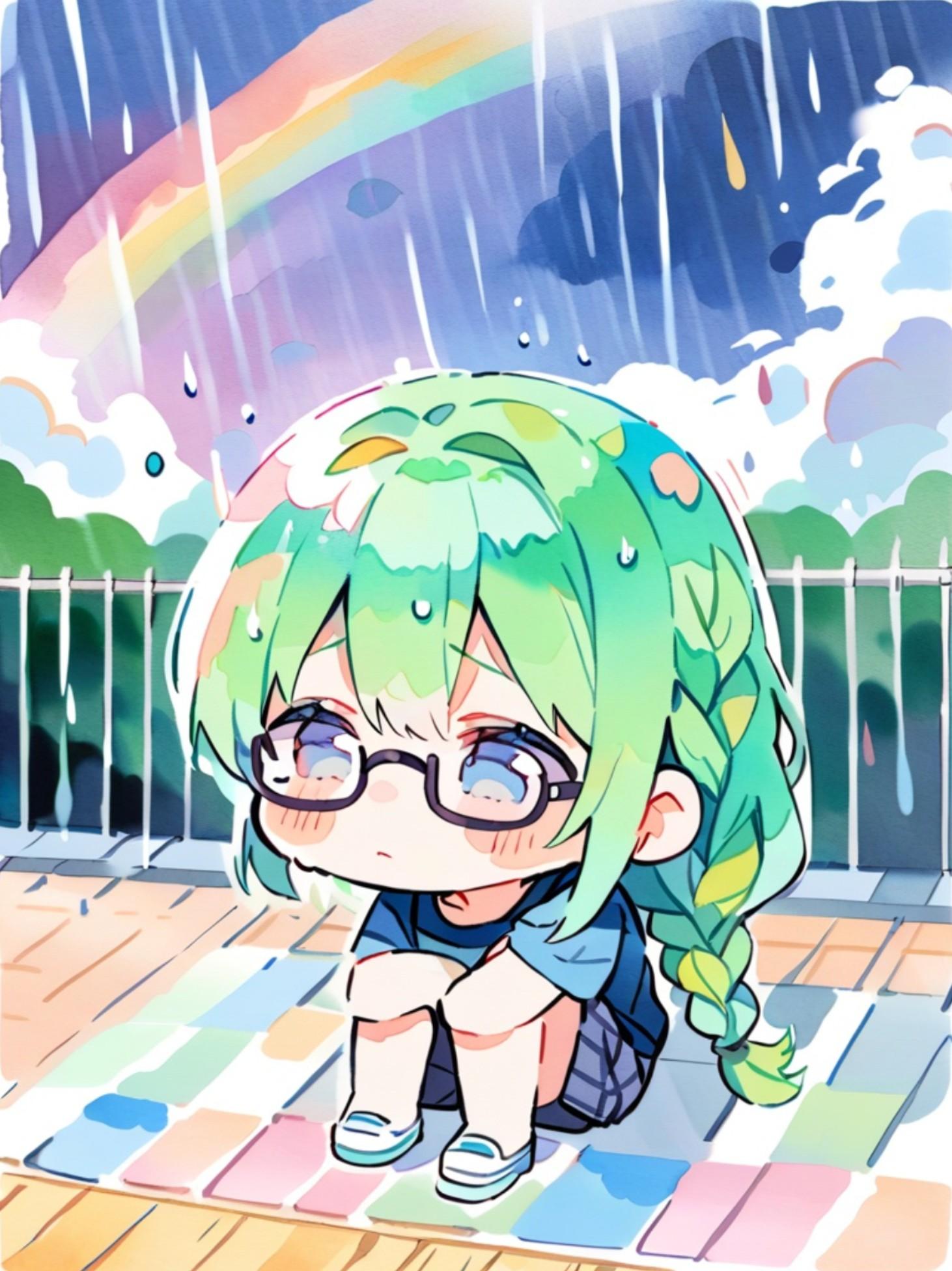虹と雨と緑髪ちゃん