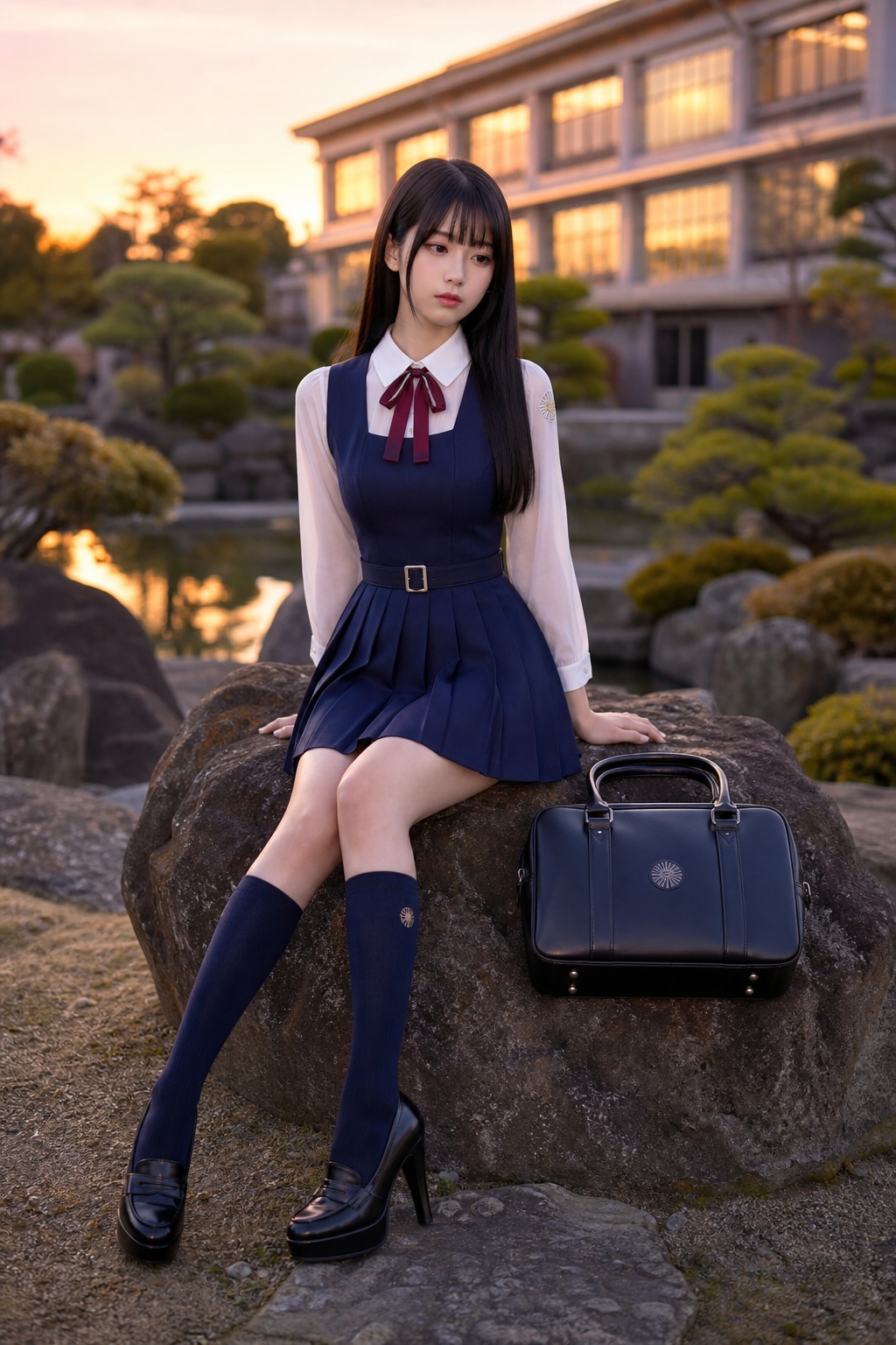 放課後校庭の日本庭園で考え込んでいる香さん