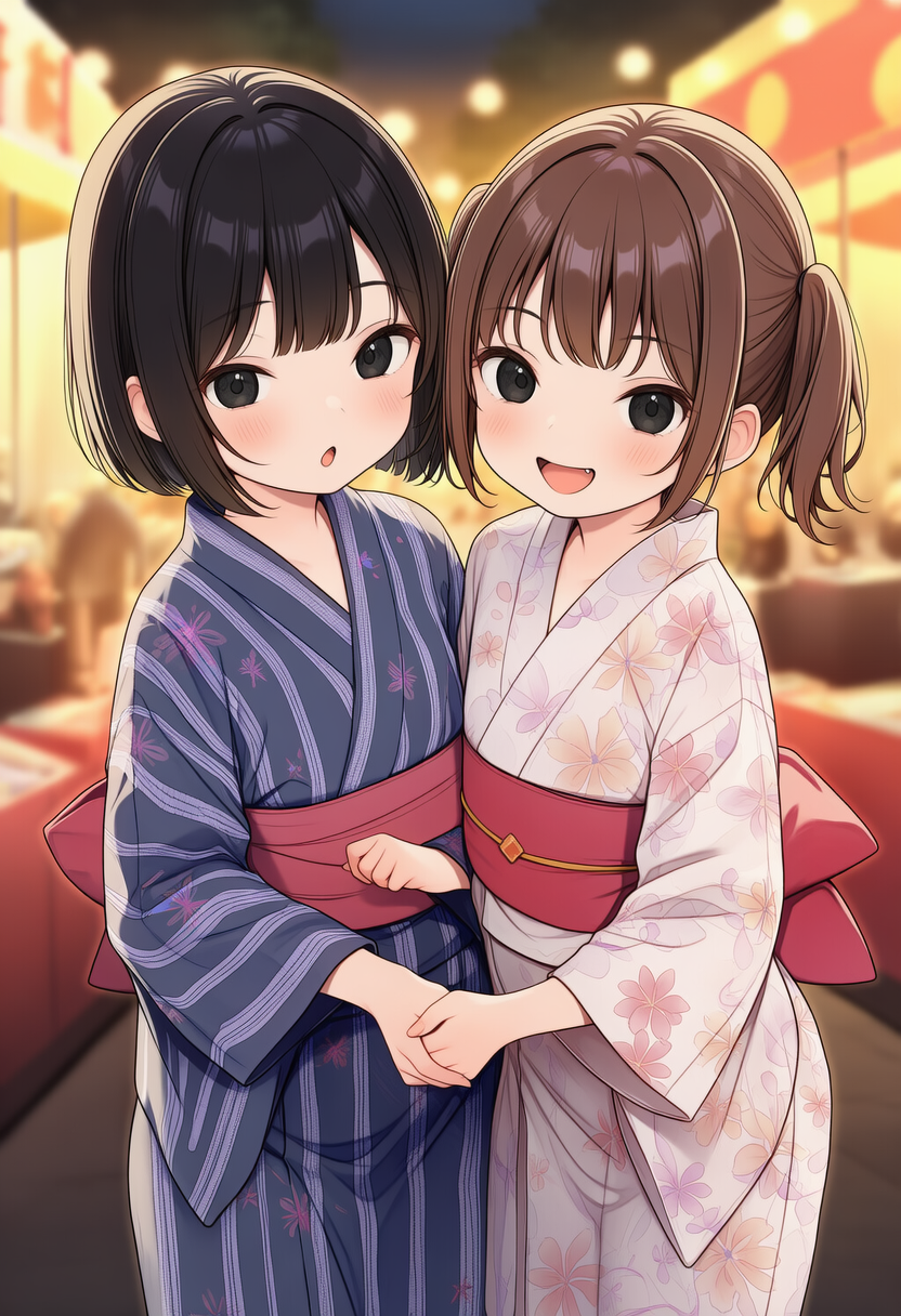 夏祭り、浴衣で楽しむ二人の笑顔 | の人気AIイラスト・グラビア