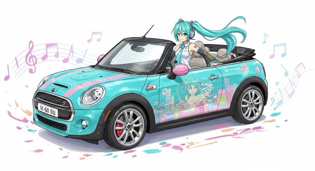 初音ミクとミニクーパーオープンカー