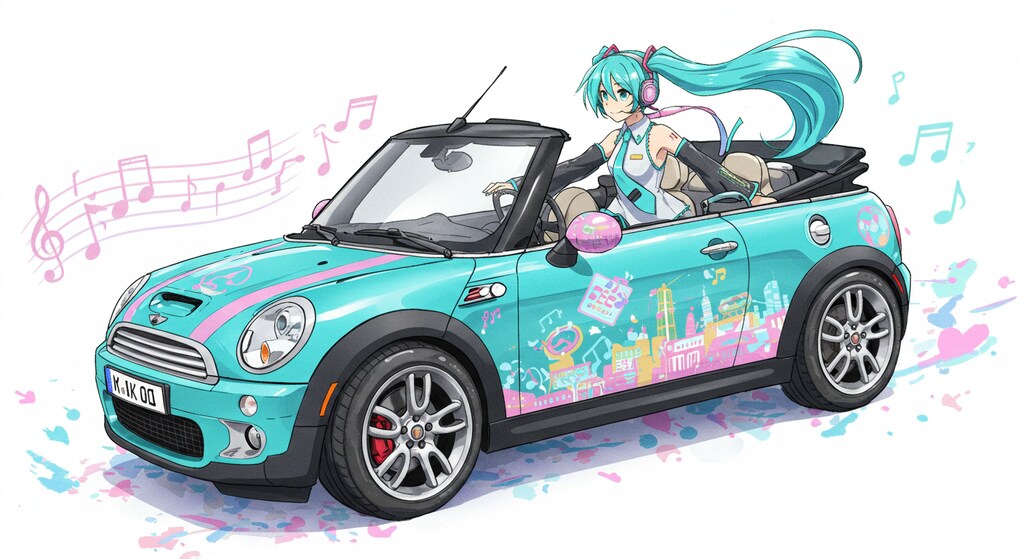 初音ミクとミニクーパーオープンカー