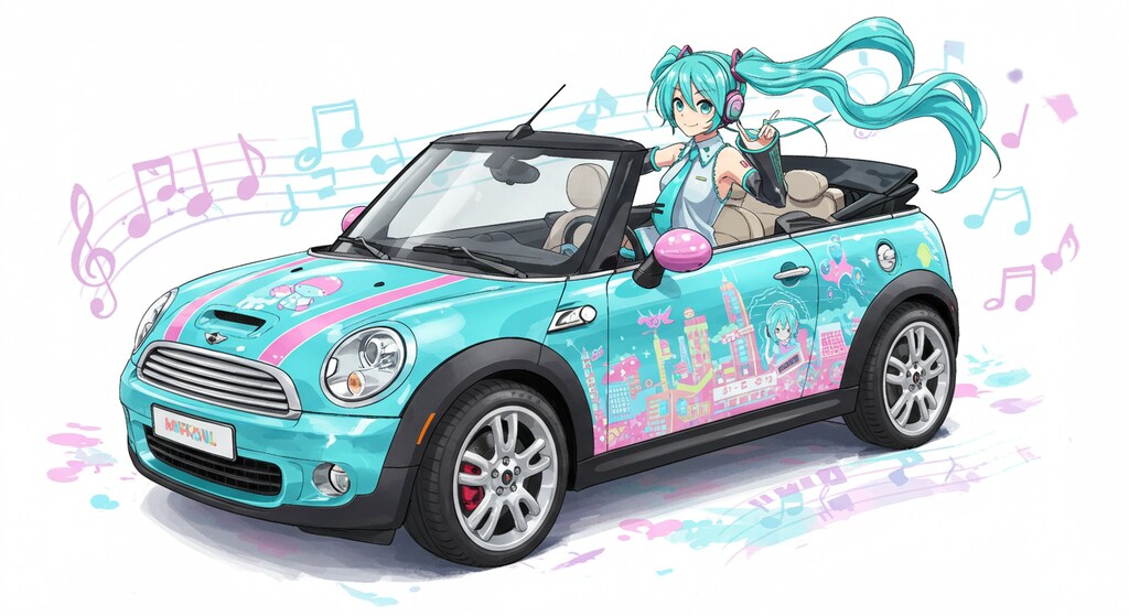 初音ミクとミニクーパーオープンカー