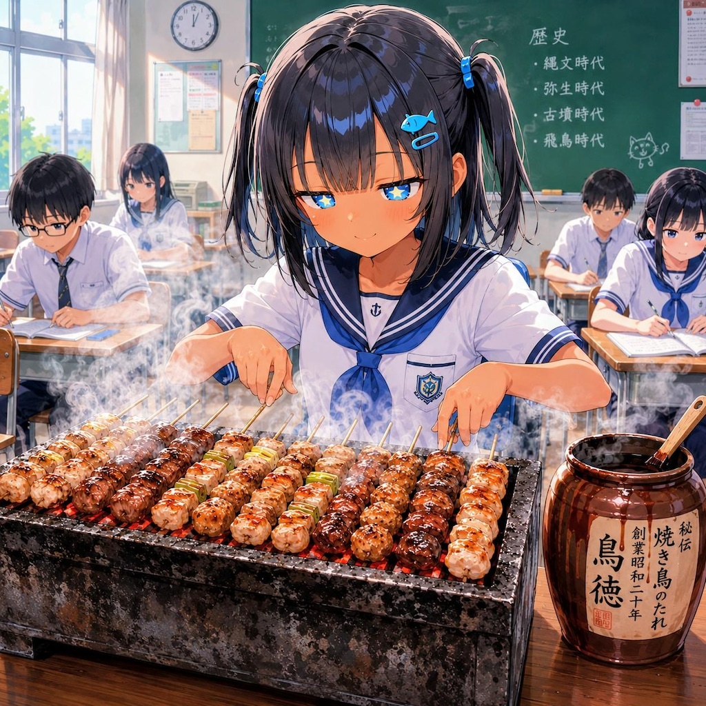 炭火で焼鳥を焼くこなつちゃん