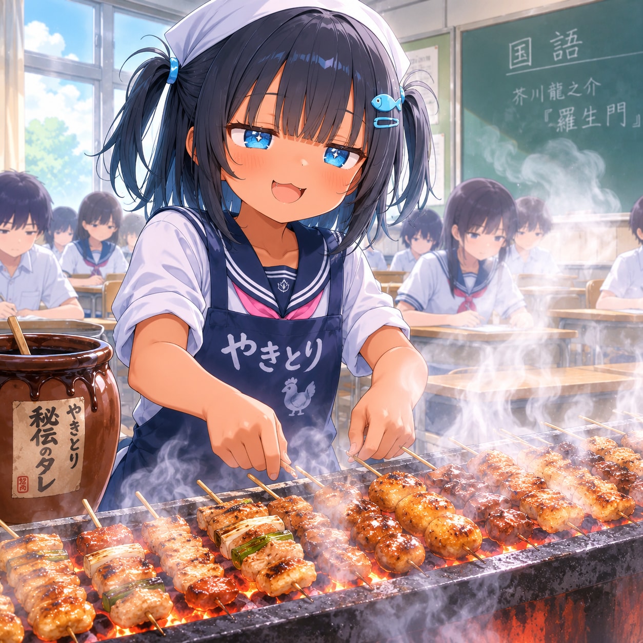 炭火で焼鳥を焼くこなつちゃん
