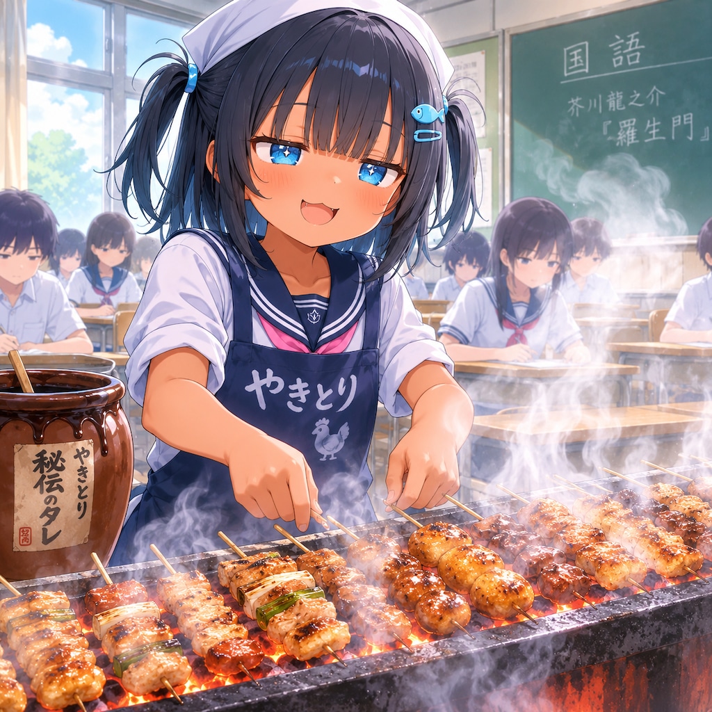 炭火で焼鳥を焼くこなつちゃん