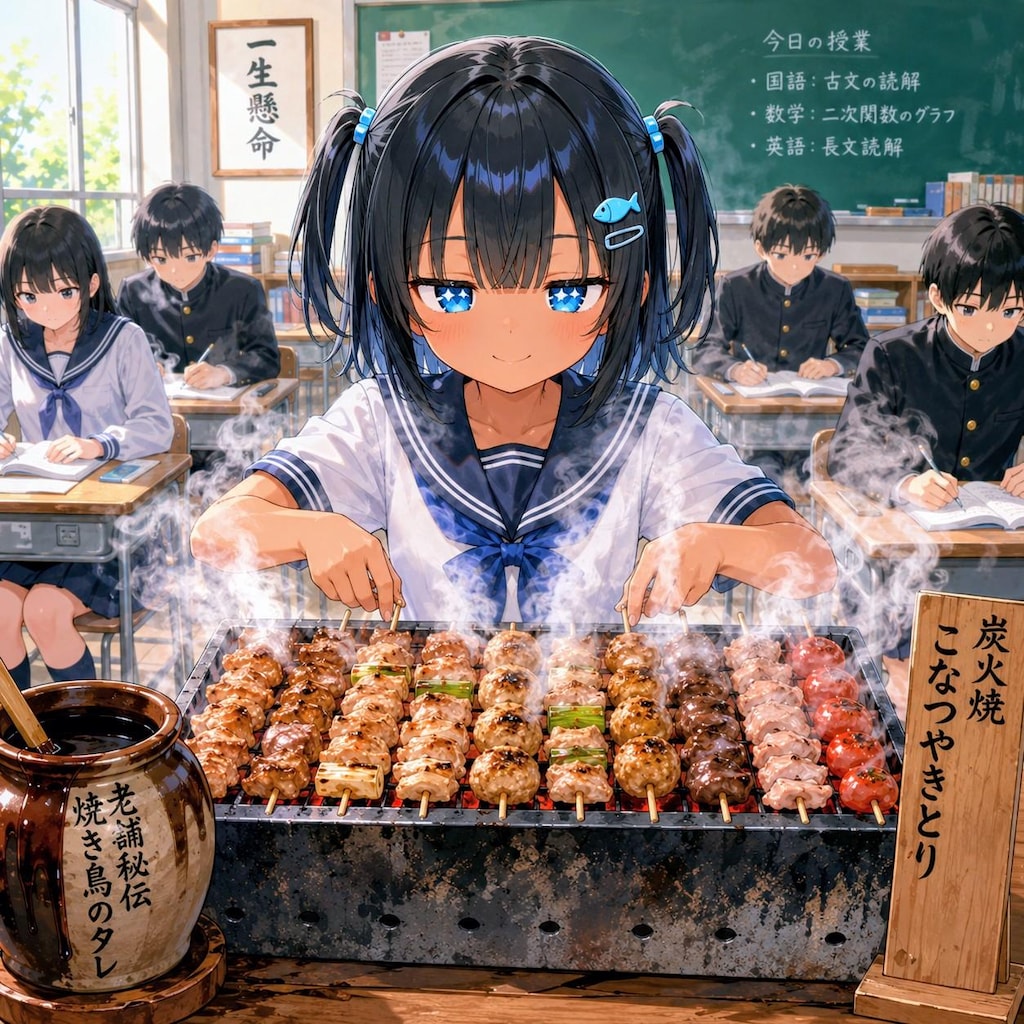 炭火で焼鳥を焼くこなつちゃん