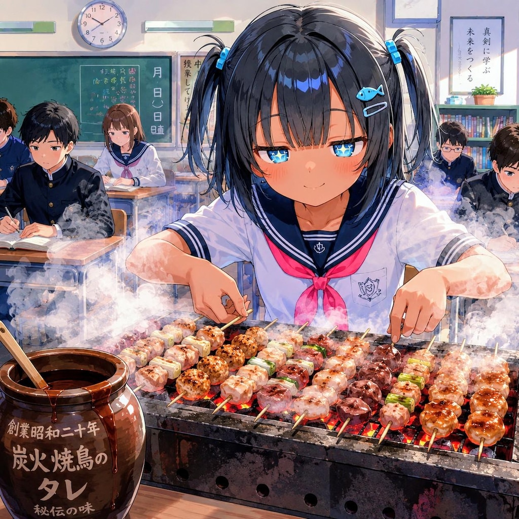 炭火で焼鳥を焼くこなつちゃん
