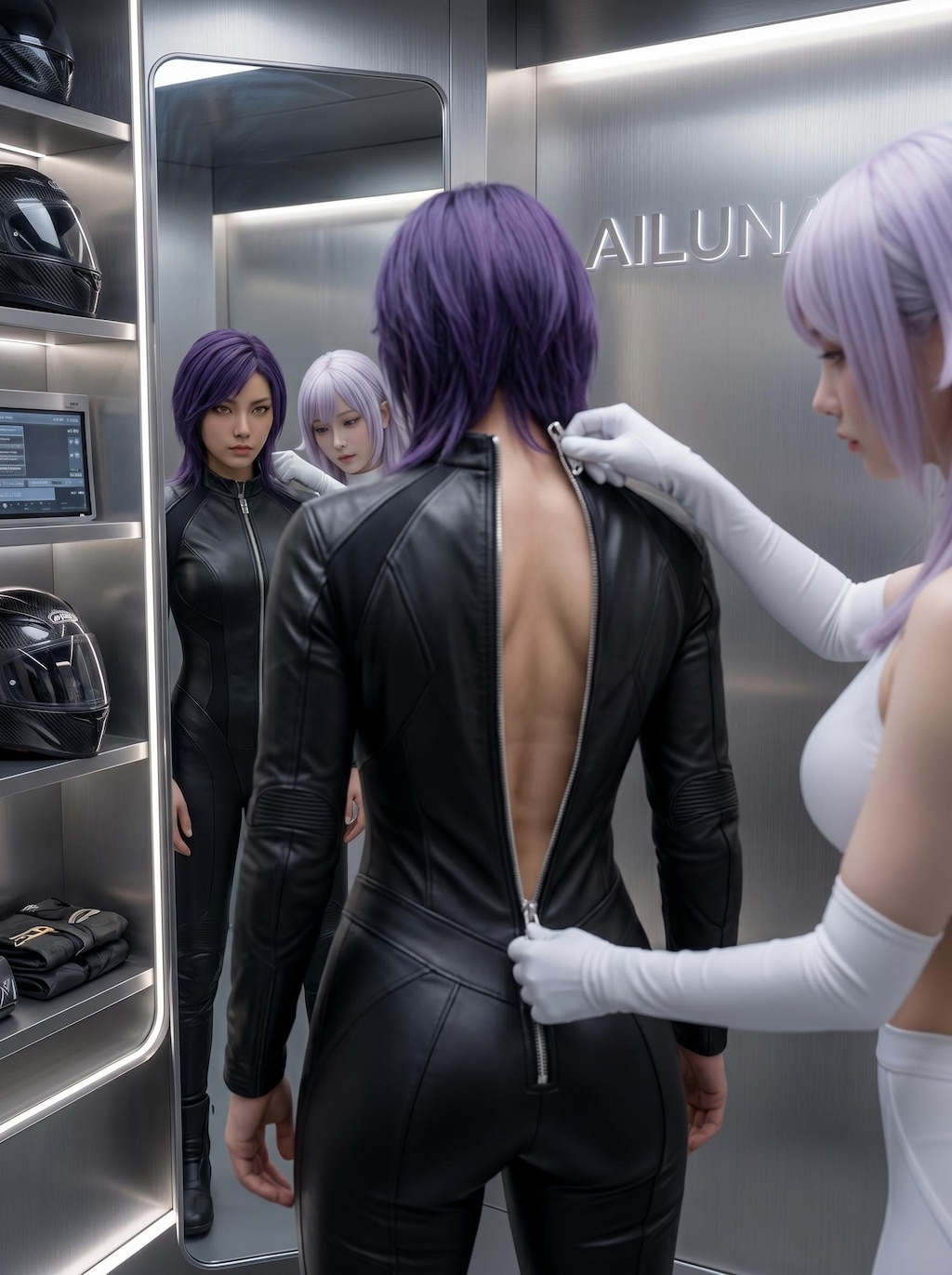 AILU LUNAとライダースーツ試着中