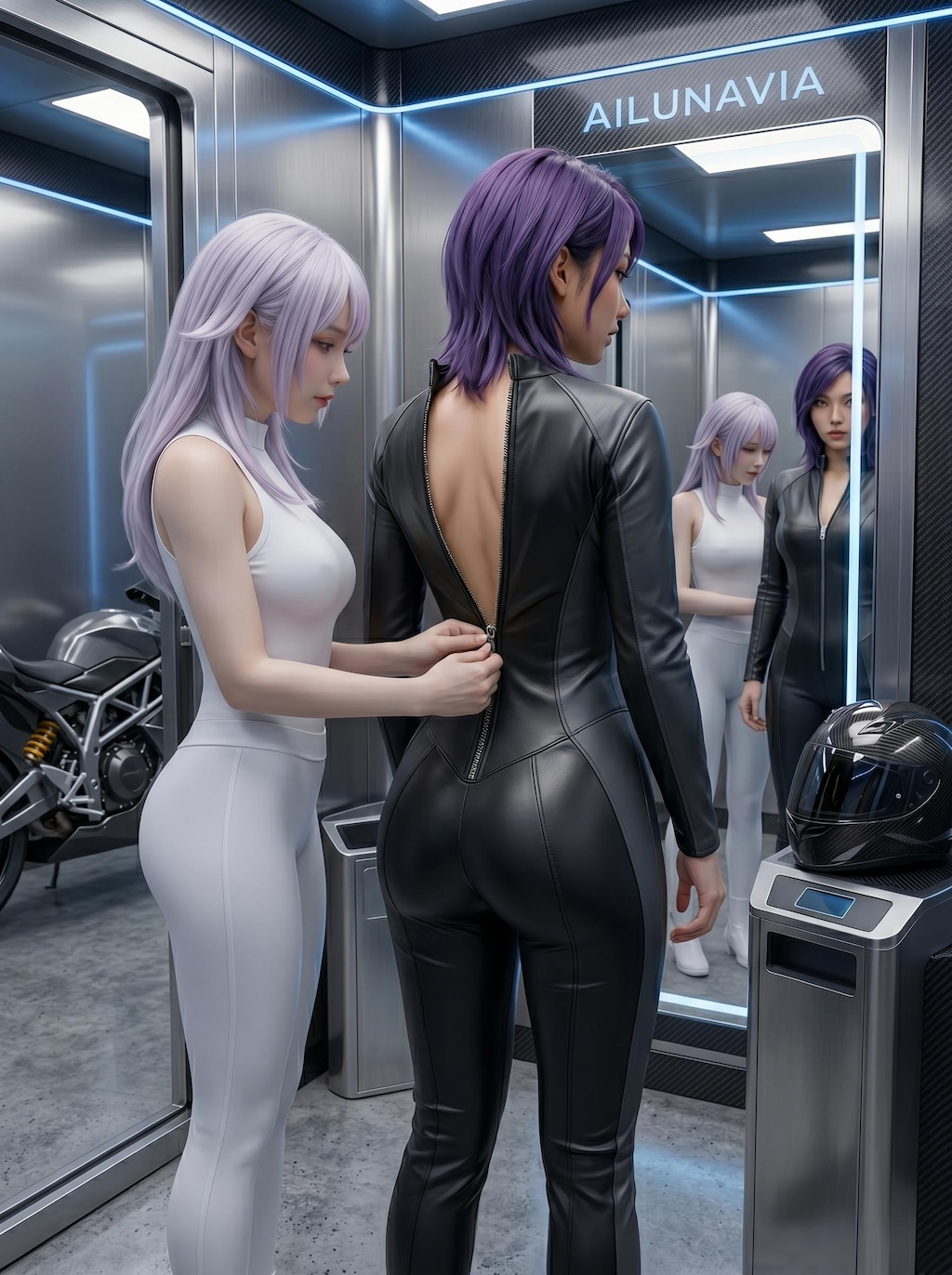 AILU LUNAとライダースーツ試着中