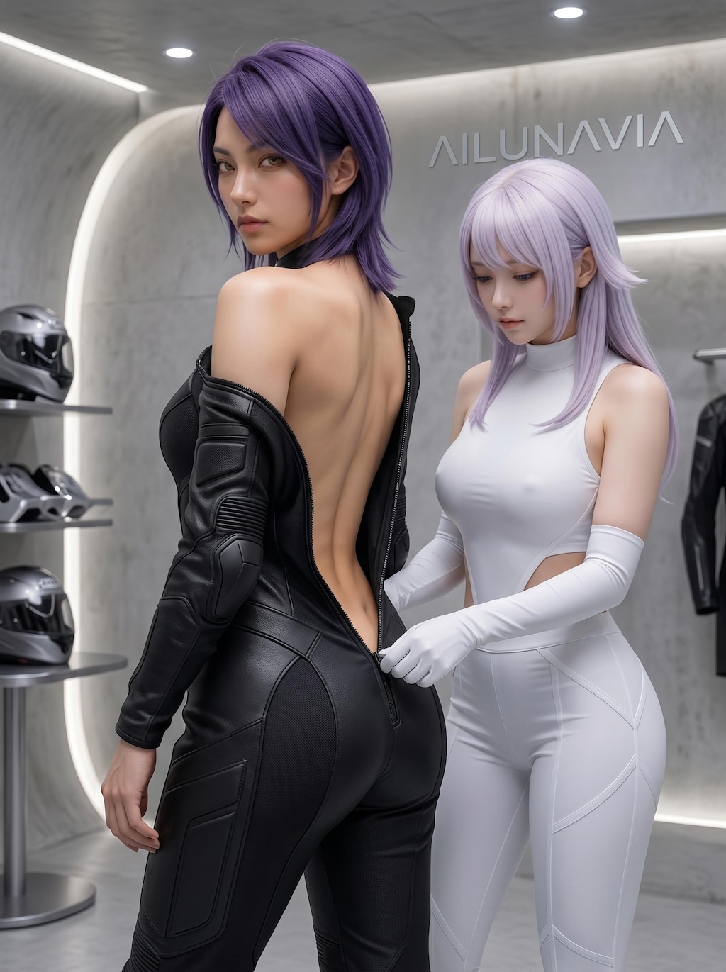 AILU LUNAとライダースーツ試着中