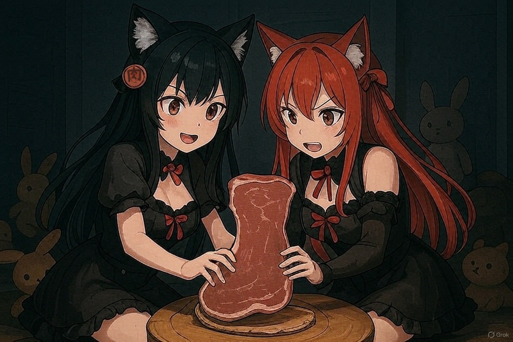 「あなたこんな夜中になぜここに…？その肉はわたくしのものでしてよ！」「何を言っているのでございますの？お姉さまが盗み食いに来た事わかっておりますのよ！」