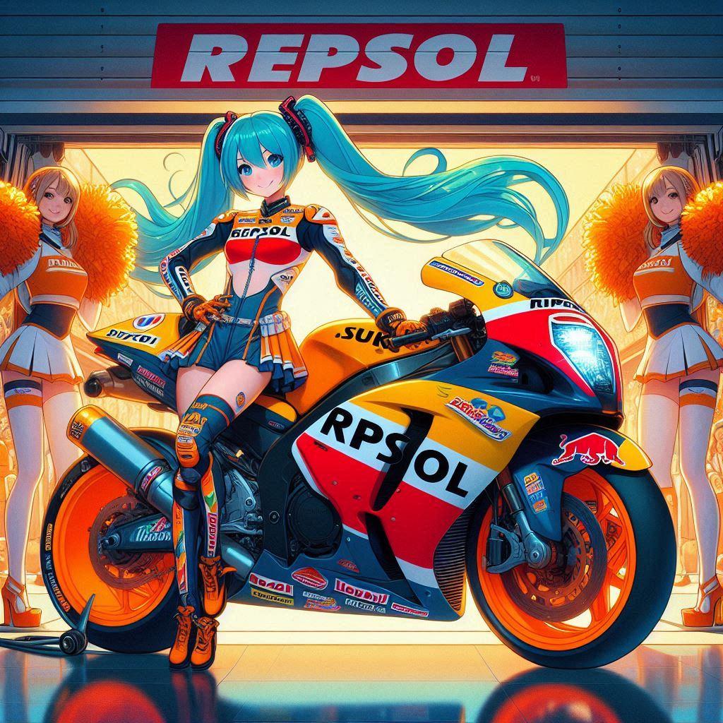 レプソルカラースズキ隼のレーシングバイクとチアガール初音ミク | の人気AIイラスト・グラビア