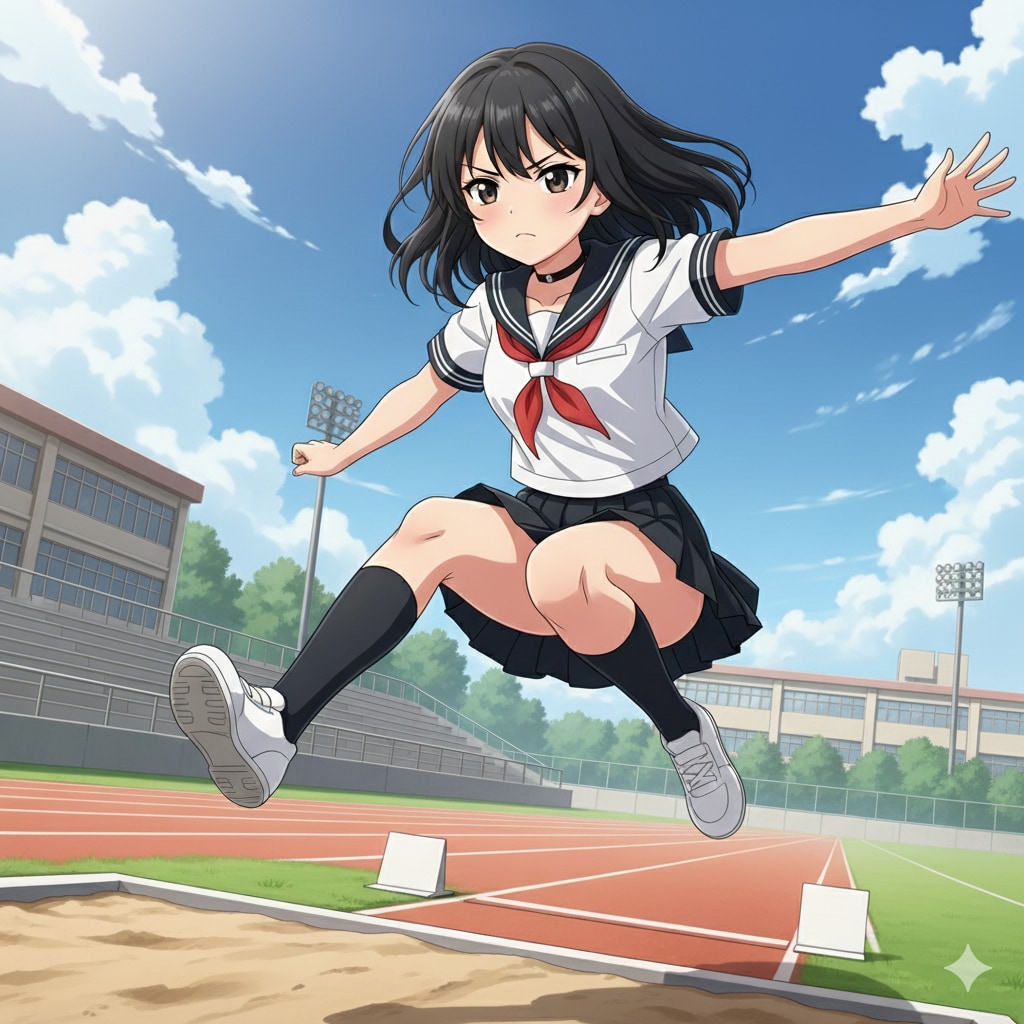 走り幅跳びをするセーラー服少女