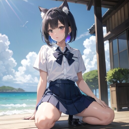 夏の海辺で待ってる、黒猫の制服ちゃん | の人気AIイラスト・グラビア