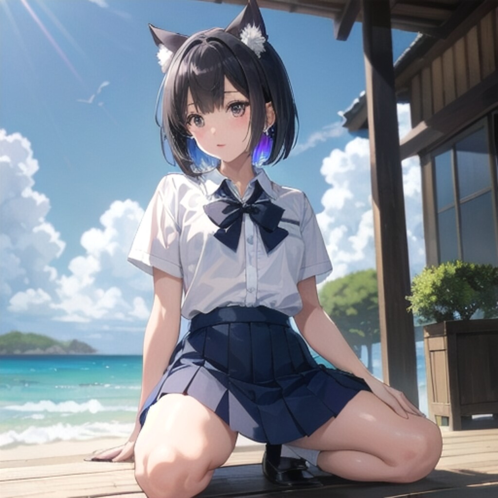 夏の海辺で待ってる、黒猫の制服ちゃん
