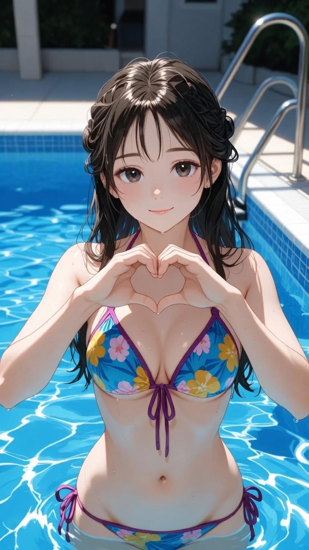指ハートしてくれるビキニギャル女子高生