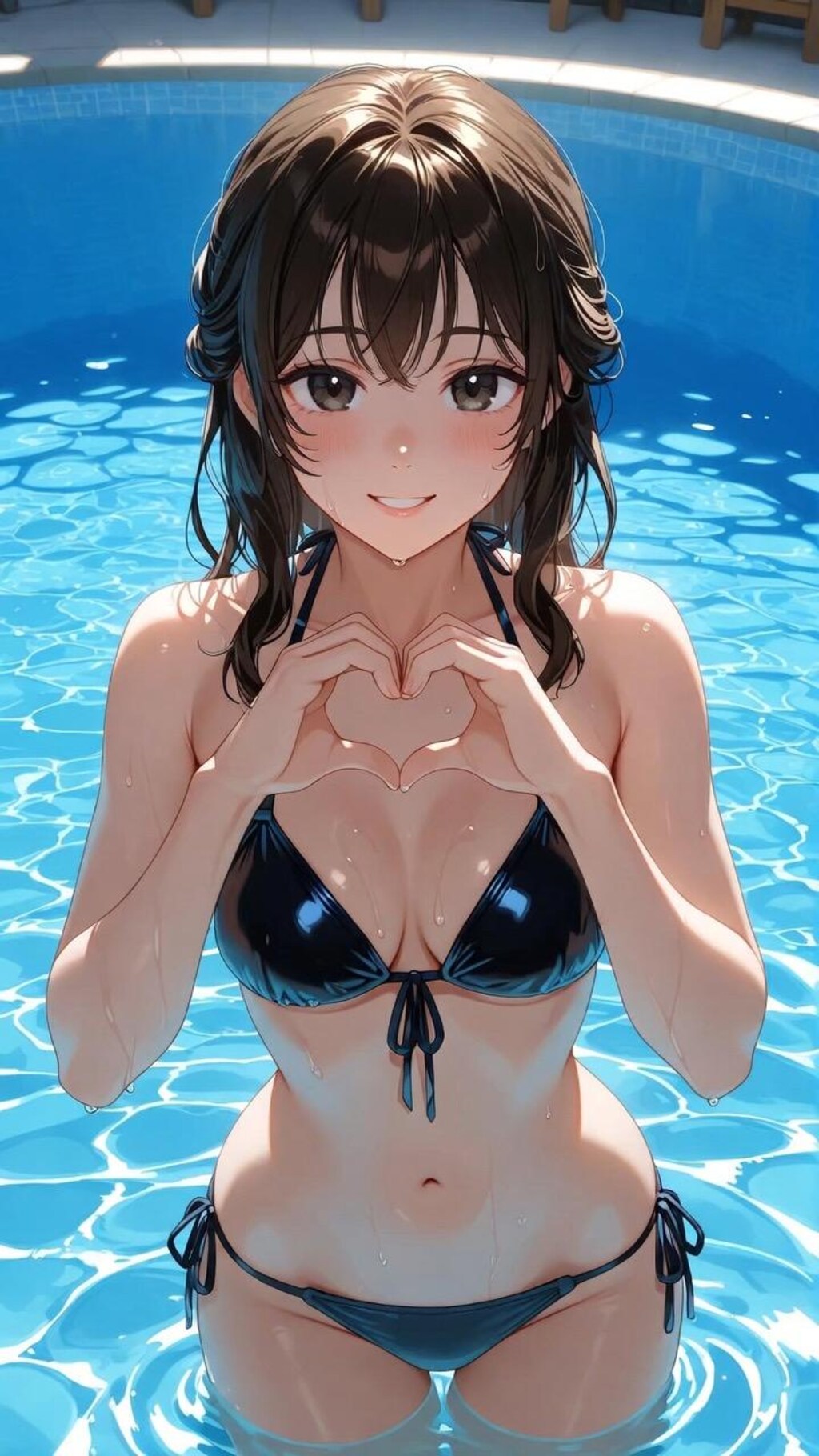 指ハートしてくれるビキニギャル女子高生