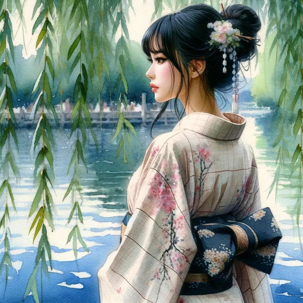 浴衣、うなじ、柳。