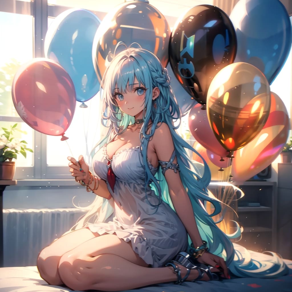 いっぱい色とりどりの風船を持つ白い髪ロングの白衣の服着た美女 | の人気AIイラスト・グラビア