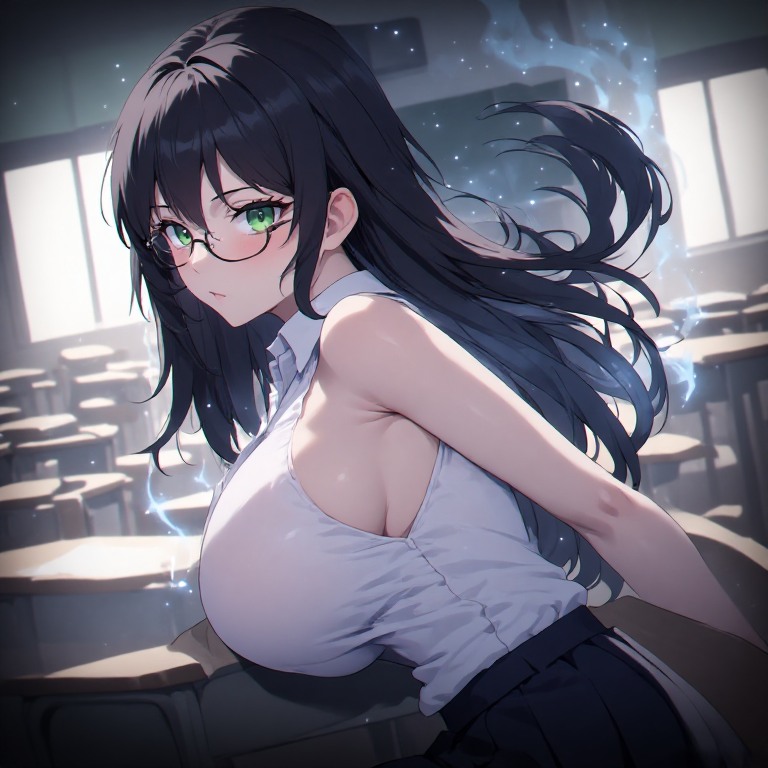 黒髪メガネ　スリーブレス