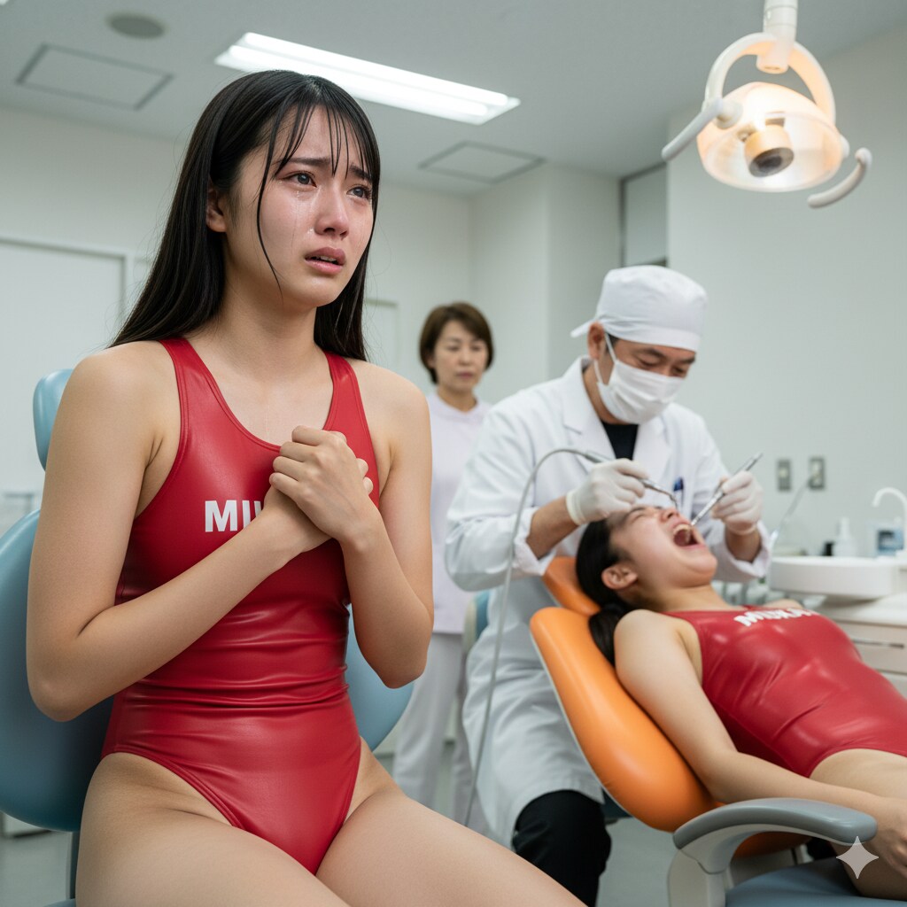 エアタービンの治療に耐えている友人の隣で緊張して待つ水球部員