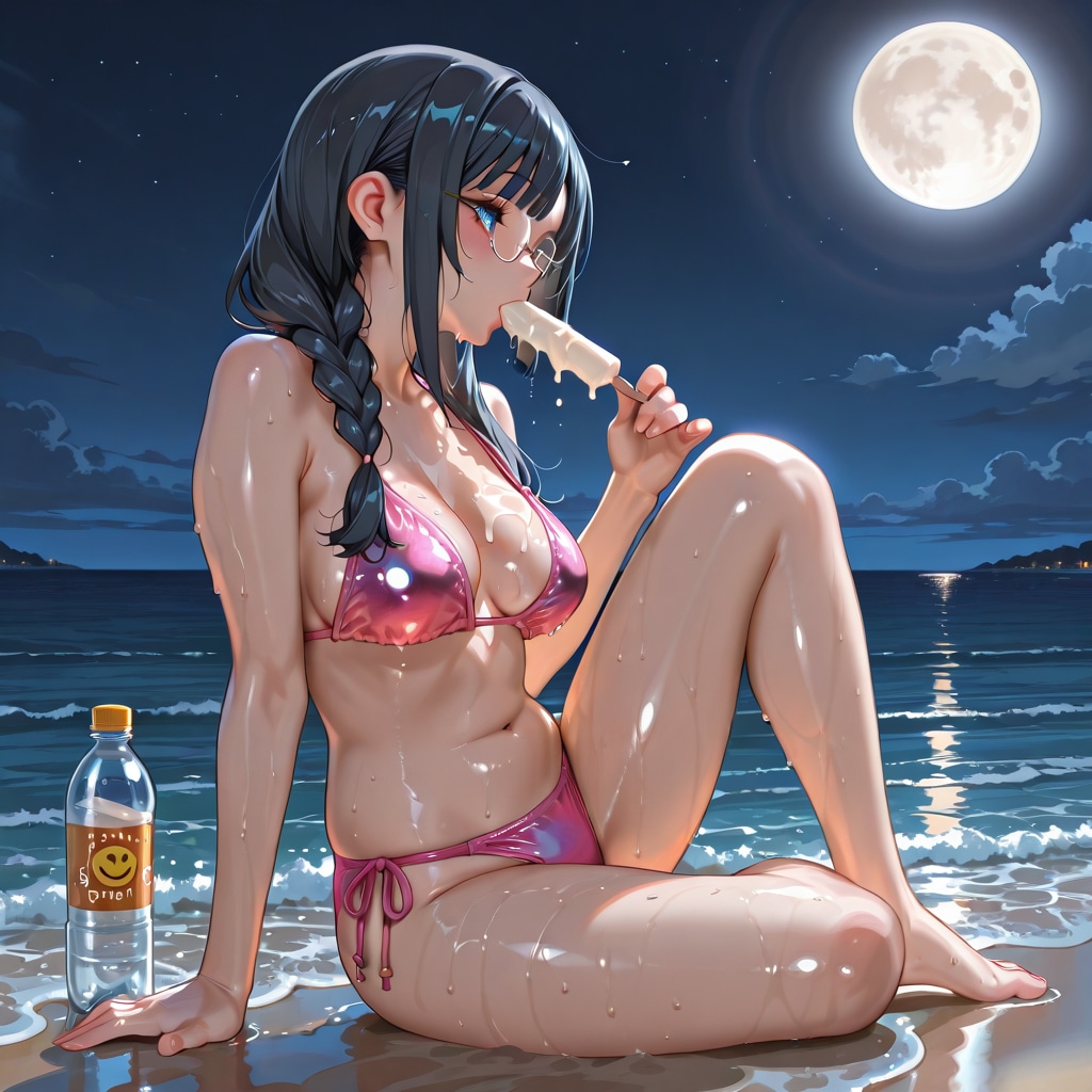 メタリックビキニの菜々さんと海