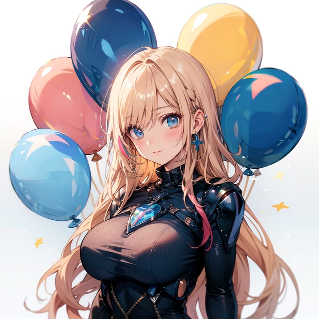 いっぱい色とりどりの風船を持つブロンドロングの美女騎士