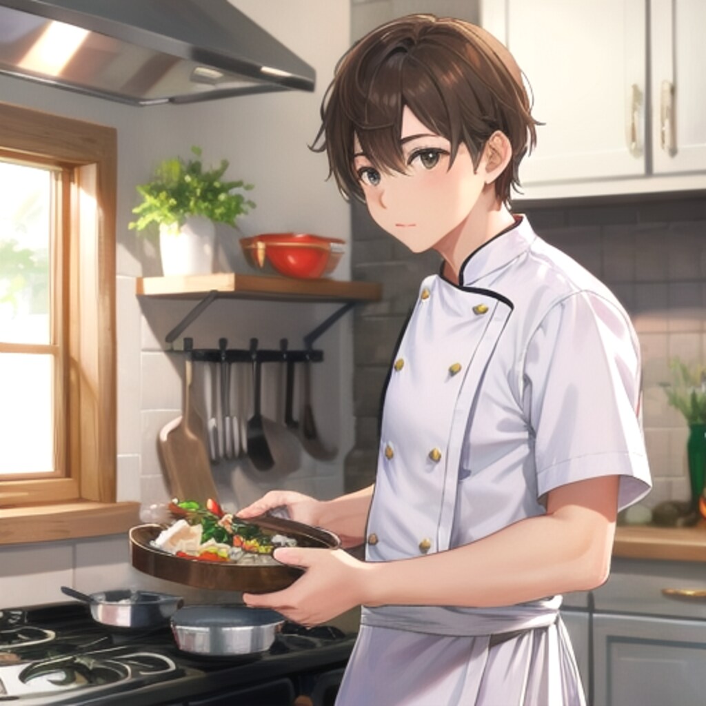 2025年(3)1人の男性シェフ、茶色の髪、茶色の目、キッチン