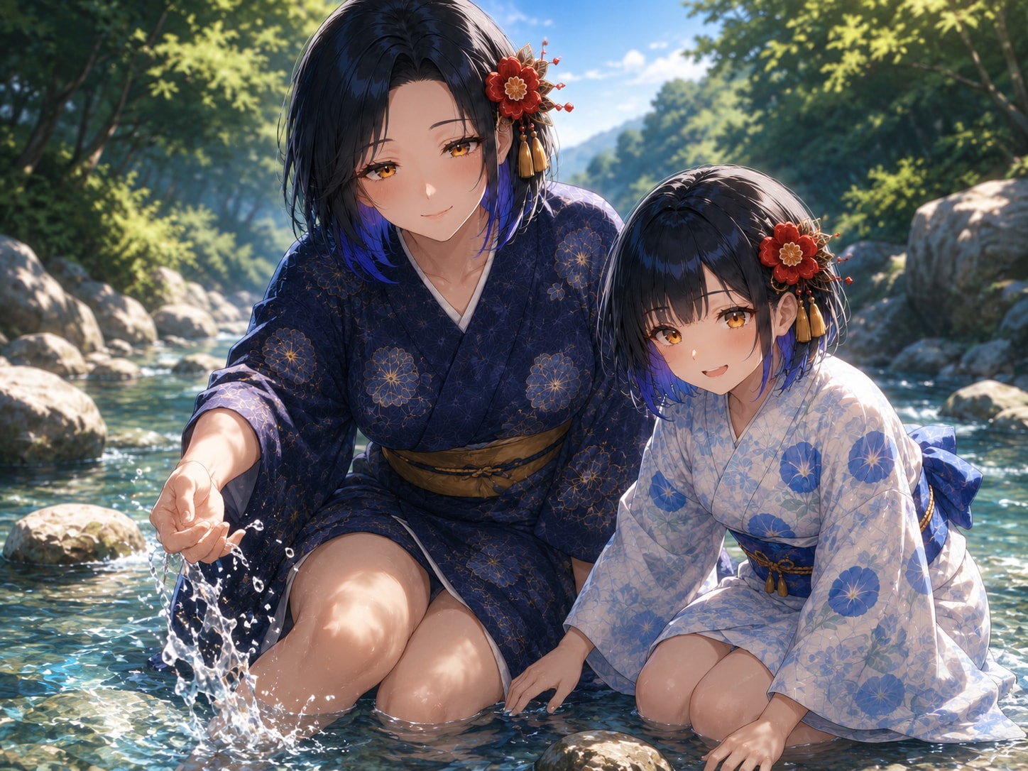 夏の川辺で過ごす親子のひととき ― 遠い夏の日 ―