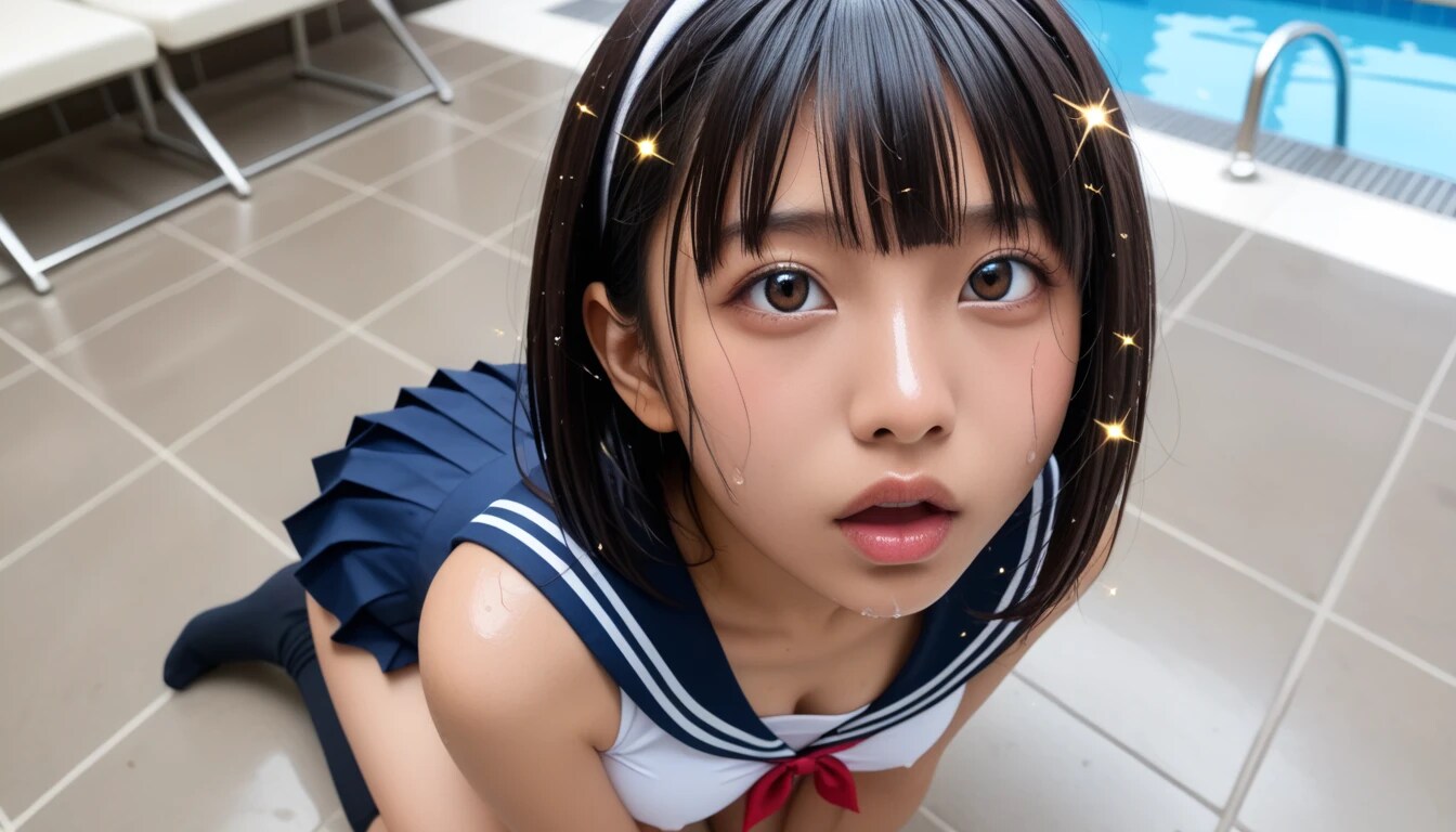 プールサイドのセーラー美少女、可愛さのステータスが測定不能ｗｗｗこの濡れた質感と上目遣いは修正案件だろ……。